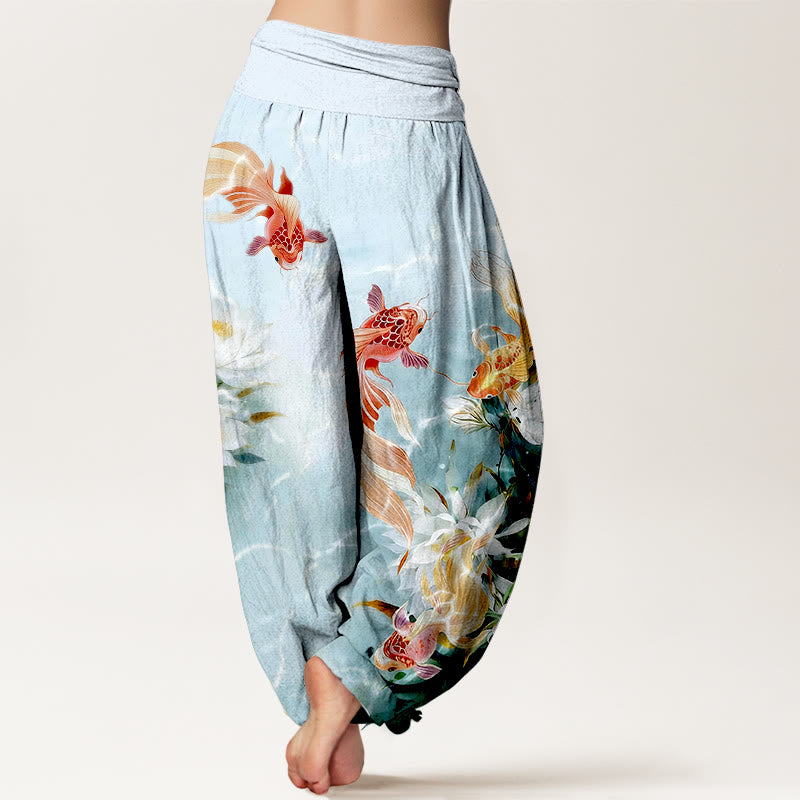 Pantalones Buddha Stones de algodón puro con estampado de flores de loto y peces koi de colores claros para mujer, con cintura elástica - image 1