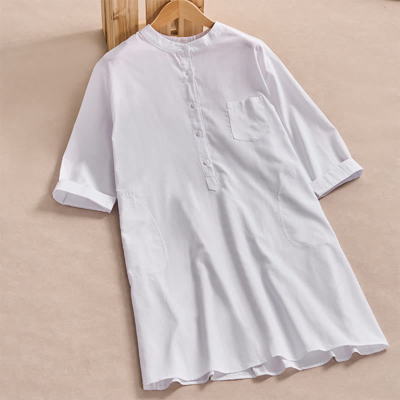 Vestido midi de algodón para mujer con diseño de botones de color liso y bolsillos, manga tres cuartos y estampado de Buddha Stones - Blanco - US14，UK/AU18，EU46 (2XL) - image 8