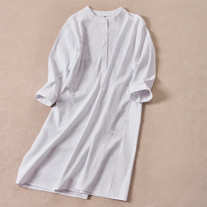 Vestido midi de algodón para mujer con diseño de botones de color liso y bolsillos, manga tres cuartos y estampado de Buddha Stones - image 9