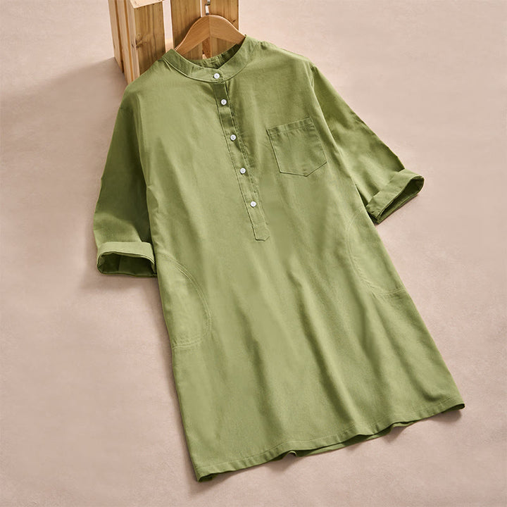 Vestido midi de algodón para mujer con diseño de botones de color liso y bolsillos, manga tres cuartos y estampado de Buddha Stones - AmarilloVerde - US14，UK/AU18，EU46 (2XL) - image 6