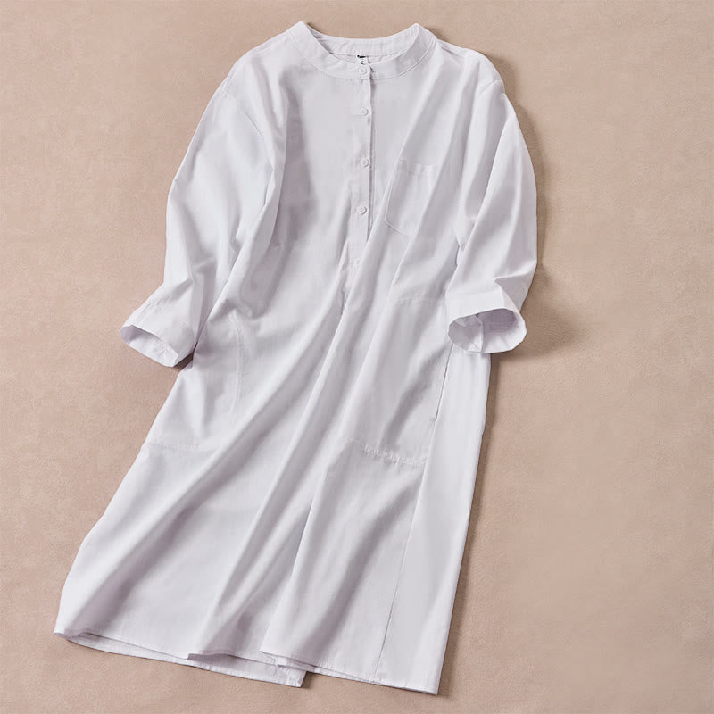Camisa de algodón para mujer con bolsillos y manga tres cuartos con diseño de botones de color liso y Buddha Stones - image 9