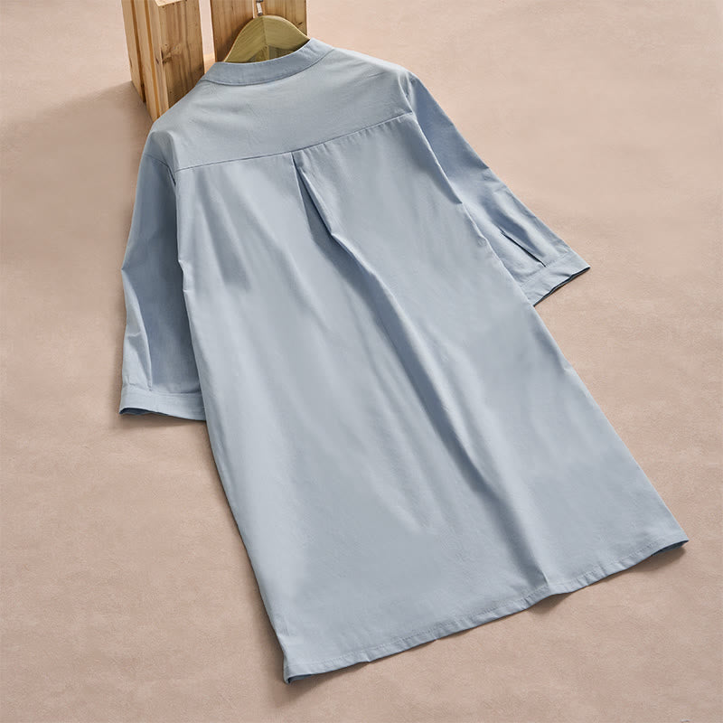 Vestido midi de algodón para mujer con diseño de botones de color liso y bolsillos, manga tres cuartos y estampado de Buddha Stones - image 1