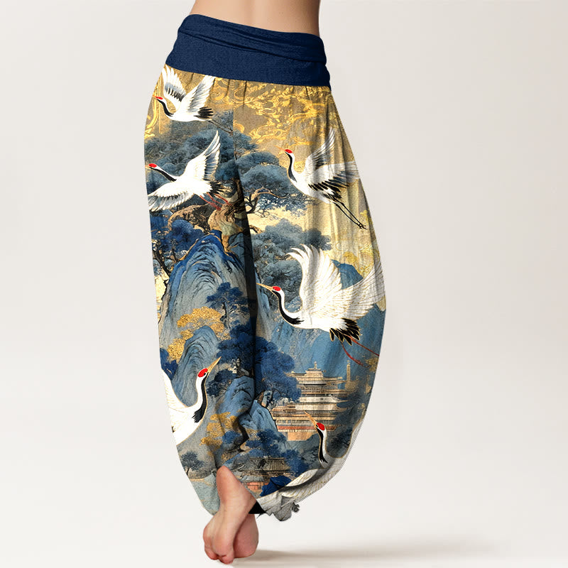 Pantalones harén de cintura elástica para mujer con estampado de grullas y pinos de montaña de algodón puro y piedras de Buddha Stones - image 1