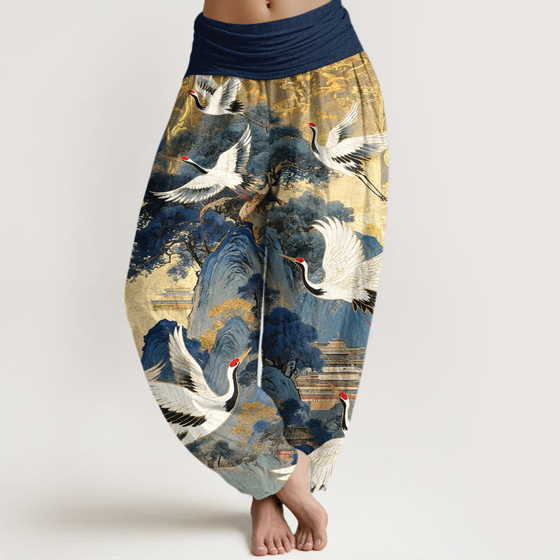 Pantalones harén de cintura elástica para mujer con estampado de grullas y pinos de montaña de algodón puro y piedras de Buddha Stones - Azul oscuro - US16，UK/AU20，EU48 (3XL) - image 0