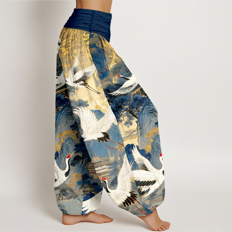 Pantalones harén de cintura elástica para mujer con estampado de grullas y pinos de montaña de algodón puro y piedras de Buddha Stones - image 2