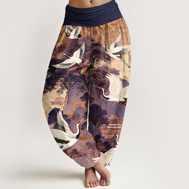 Pantalones harén de cintura elástica para mujer con estampado de grullas y pinos de montaña de algodón puro y piedras de Buddha Stones - Violeta oscuro - US16，UK/AU20，EU48 (3XL) - image 5