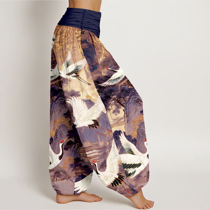 Pantalones harén de cintura elástica para mujer con estampado de grullas y pinos de montaña de algodón puro y piedras de Buddha Stones - image 7