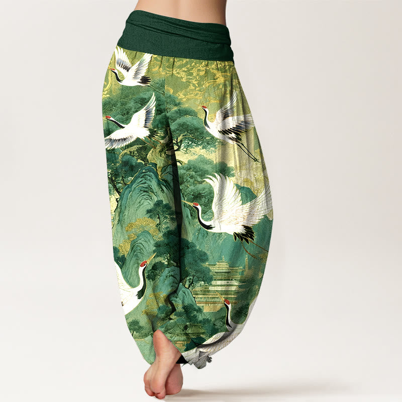 Pantalones harén de cintura elástica para mujer con estampado de grullas y pinos de montaña de algodón puro y piedras de Buddha Stones - image 9