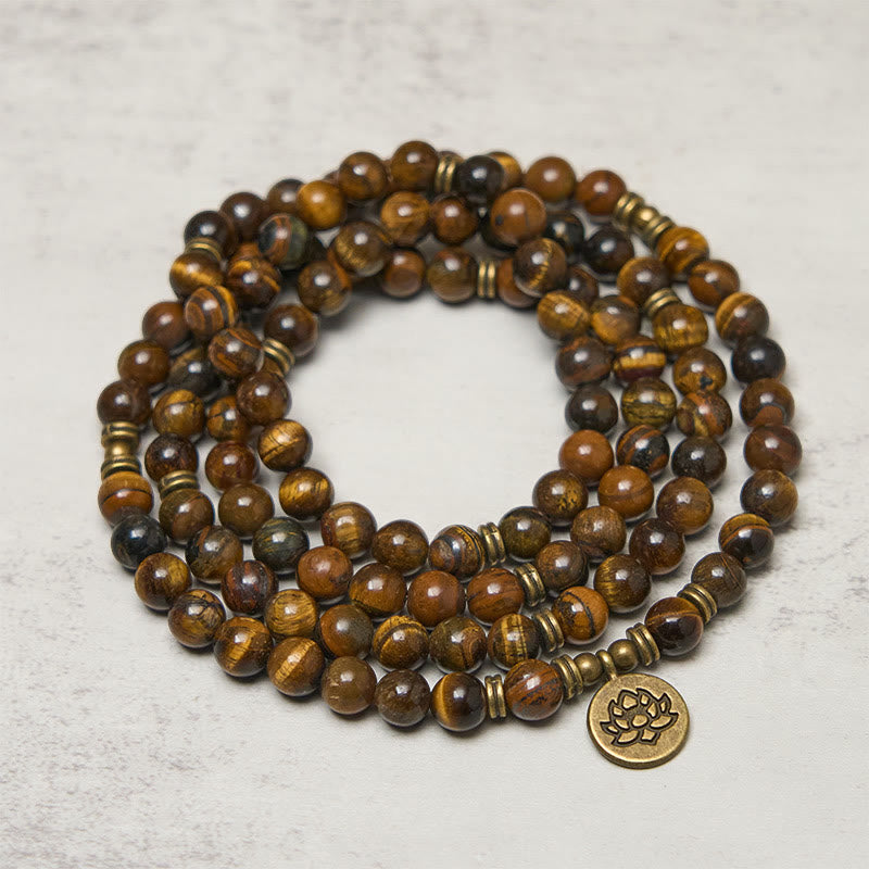 Mala de fuerza con cuentas de ojo de tigre y símbolo de loto de Buddha Stones - image 1