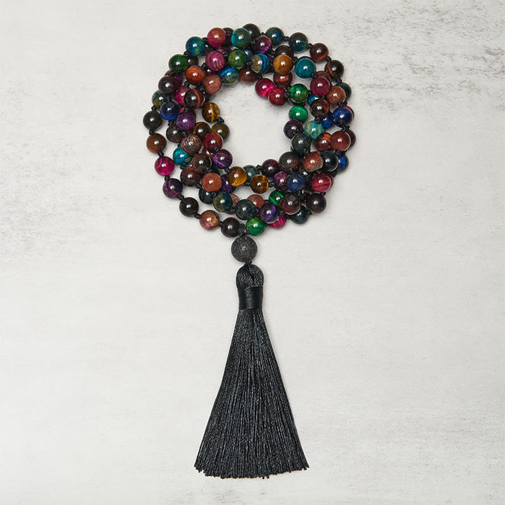 Mala de fuerza con borlas de cuentas de Buddha Stones, ojo de tigre amarillo multicolor, ojo de tigre verde, ojo de tigre azul, ojo de tigre rojo - Ojo de tigre - image 0
