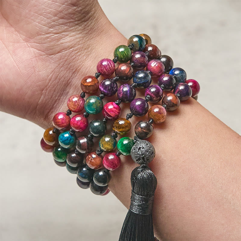 Mala de fuerza con borlas de cuentas de Buddha Stones, ojo de tigre amarillo multicolor, ojo de tigre verde, ojo de tigre azul, ojo de tigre rojo - image 2