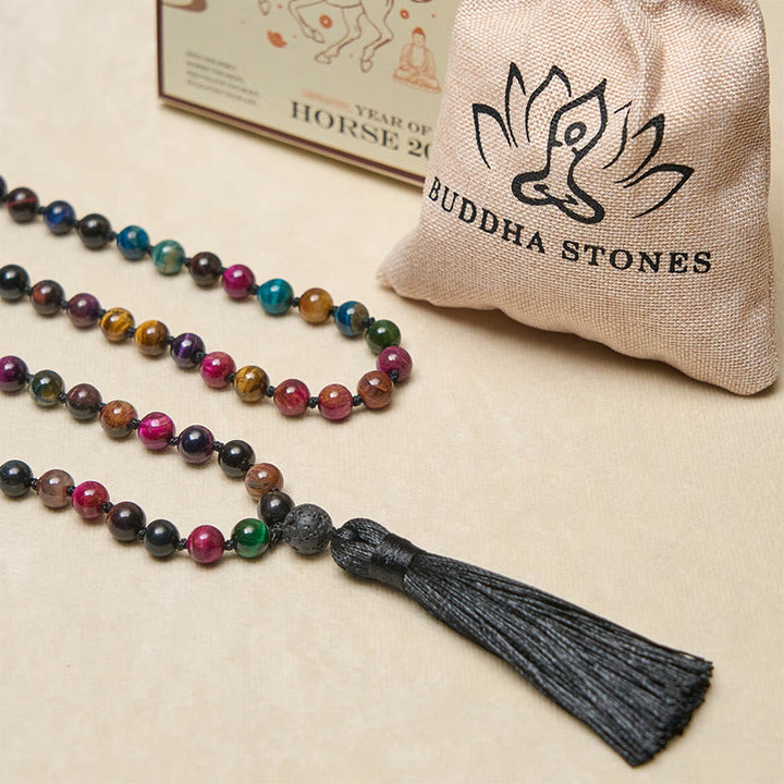 Mala de fuerza con borlas de cuentas de Buddha Stones, ojo de tigre amarillo multicolor, ojo de tigre verde, ojo de tigre azul, ojo de tigre rojo - image 3
