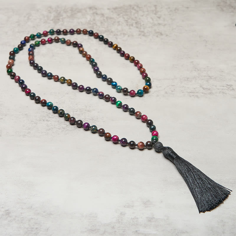 Mala de fuerza con borlas de cuentas de Buddha Stones, ojo de tigre amarillo multicolor, ojo de tigre verde, ojo de tigre azul, ojo de tigre rojo - image 1