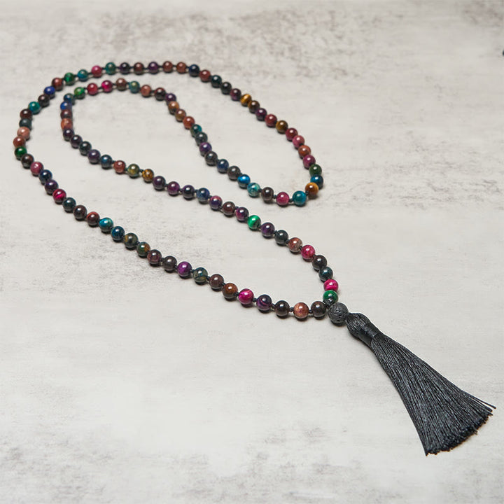 Mala de fuerza con borlas de cuentas de Buddha Stones, ojo de tigre amarillo multicolor, ojo de tigre verde, ojo de tigre azul, ojo de tigre rojo - image 1