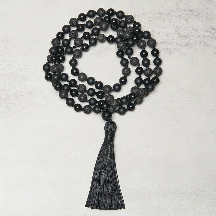 Mala de la fortuna con borlas de piedra de lava de ónix negro y cuentas de 8 mm de Buddha Stones - image 1