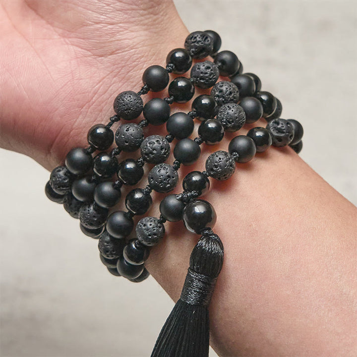 Mala de la fortuna con borlas de piedra de lava de ónix negro y cuentas de 8 mm de Buddha Stones - image 3