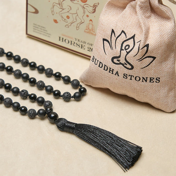 Mala de la fortuna con borlas de piedra de lava de ónix negro y cuentas de 8 mm de Buddha Stones - image 5