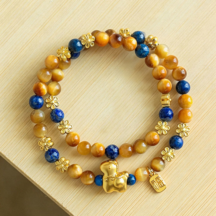 Pulsera de doble vuelta con Buddha Stones, personaje Fu, lazurita, lapislázuli, ojo de tigre y serenidad - image 1