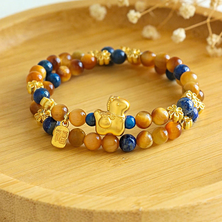 Pulsera de doble vuelta con Buddha Stones, personaje Fu, lazurita, lapislázuli, ojo de tigre y serenidad - image 2