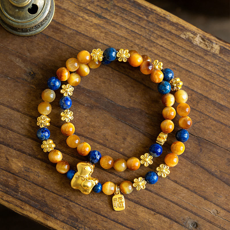 Pulsera de doble vuelta con Buddha Stones, personaje Fu, lazurita, lapislázuli, ojo de tigre y serenidad - image 3