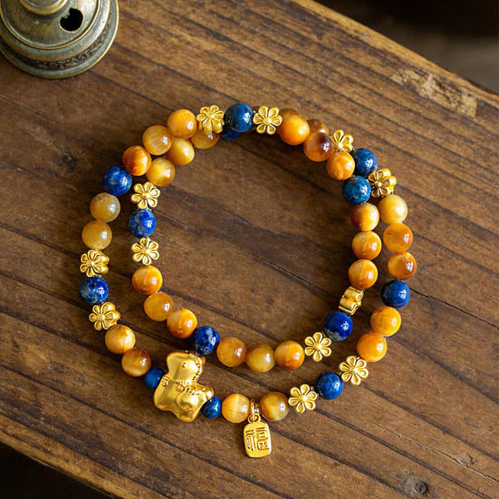 Pulsera de doble vuelta con Buddha Stones, personaje Fu, lazurita, lapislázuli, ojo de tigre y serenidad - image 3