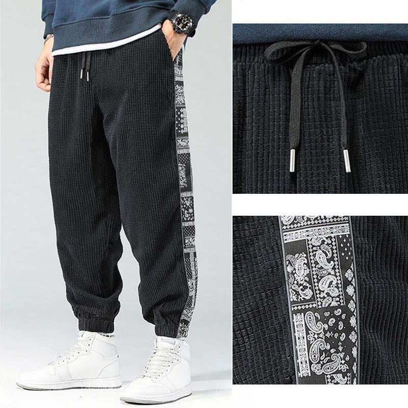 Pantalones de pana rectos hasta el tobillo con estampado de cachemira y cordón lateral para hombre con Buddha Stones y bolsillos - image 8