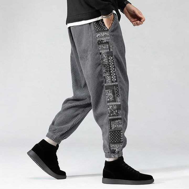 Pantalones de pana rectos hasta el tobillo con estampado de cachemira y cordón lateral para hombre con Buddha Stones y bolsillos - image 21