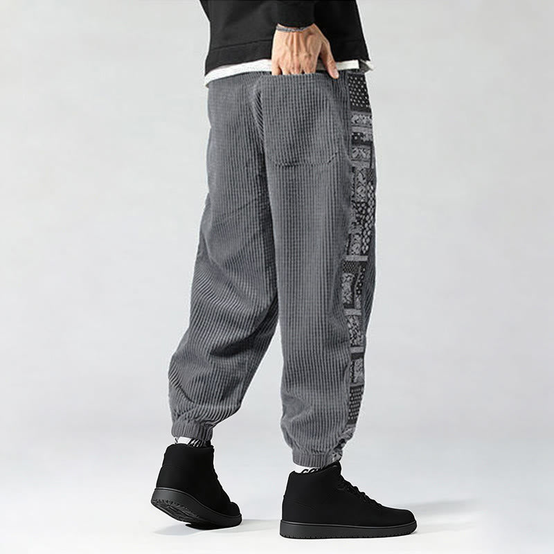 Pantalones de pana rectos hasta el tobillo con estampado de cachemira y cordón lateral para hombre con Buddha Stones y bolsillos - image 23