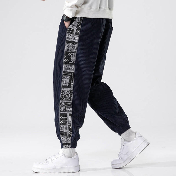 Pantalones de pana rectos hasta el tobillo con estampado de cachemira y cordón lateral para hombre con Buddha Stones y bolsillos - image 32