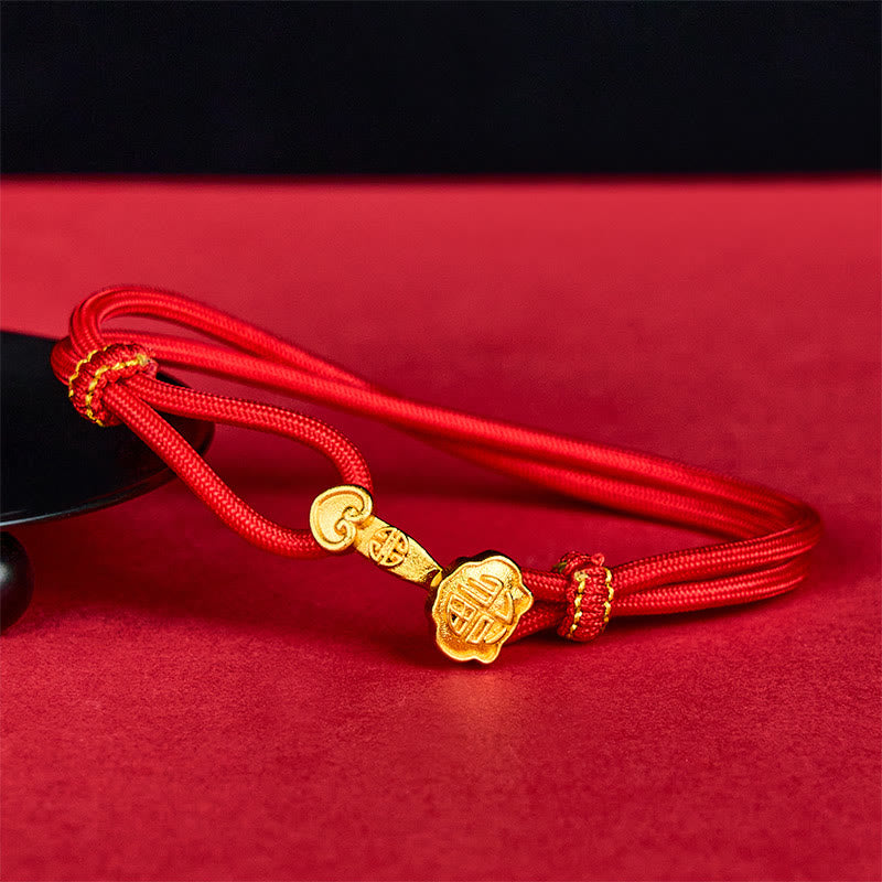 Buddha Stones Pulsera de la suerte ajustable con cuerda de oro bañada en cobre y mango de Ruyi Fu - Cuerda roja (circunferencia de la muñeca: 14-16 cm) - image 0
