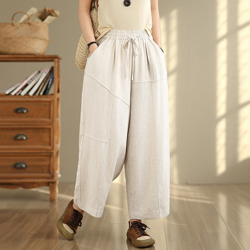 Pantalones de lino y algodón con cordón ajustable de Buddha Stones para mujer, de otoño, de color liso, con bolsillos, talla 7-8 - FloralBlanco - US12, UK/AU16, EU44 (2XL) - image 0