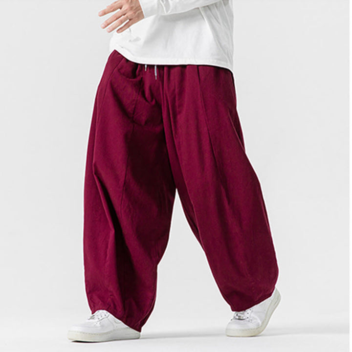 Pantalones de algodón de pierna ancha con bolsillos para hombre, diseño de cordón liso, estilo viajero invernal Buddha Stones - image 36
