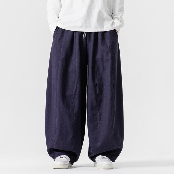 Pantalones de algodón de pierna ancha con bolsillos para hombre, diseño de cordón liso, estilo viajero invernal Buddha Stones - Azul pizarra oscuro - US/UK/AU46, EU56 (5XL) - image 1