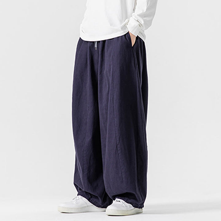 Pantalones de algodón de pierna ancha con bolsillos para hombre, diseño de cordón liso, estilo viajero invernal Buddha Stones - image 4