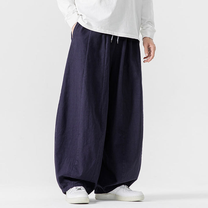 Pantalones de algodón de pierna ancha con bolsillos para hombre, diseño de cordón liso, estilo viajero invernal Buddha Stones - image 3