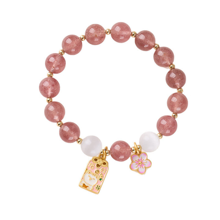 Pulsera curativa de ojo de gato blanco con Buddha Stones, amuleto de flores de durazno y cuarzo fresa - image 3