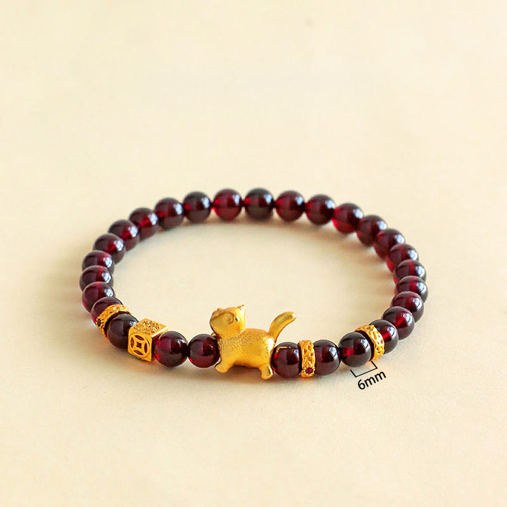 Pulsera de cuentas con Buddha Stones, amuleto de gato de la suerte, granate, cinabrio y protección para la calma. - image 3