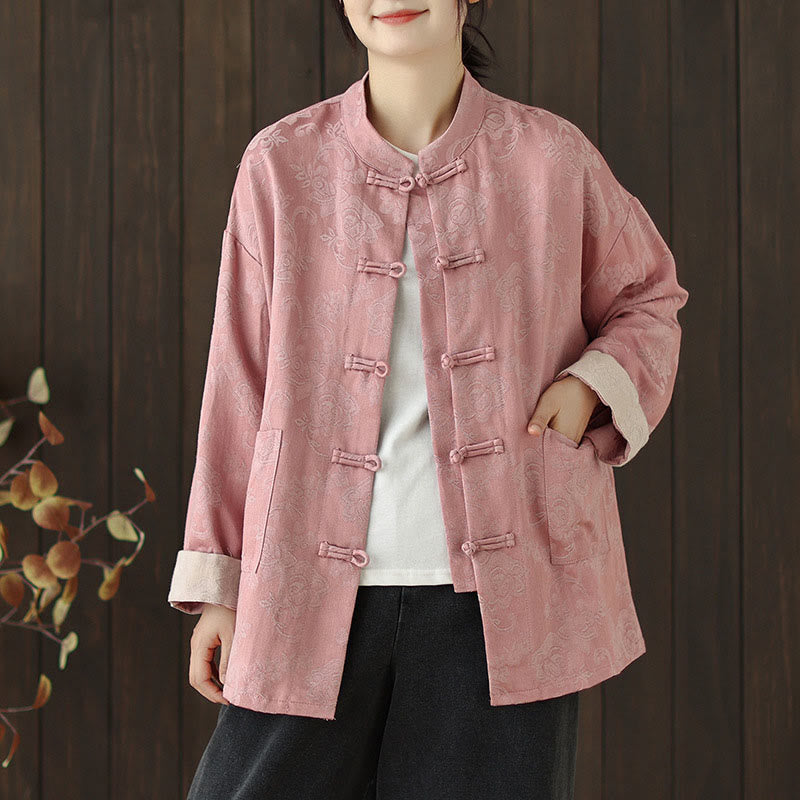 Camisa de algodón para mujer, manga larga, cuello alto, botones de rana y estampado floral otoñal con Buddha Stones - Rosa - US8-10，UK/AU12-14，EU40-42 (2XL) - image 0