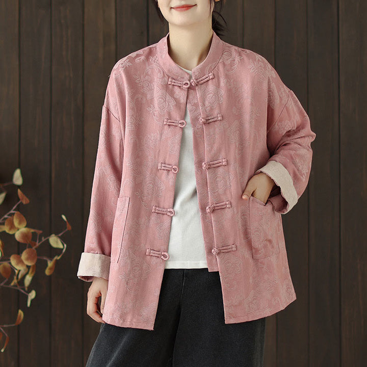 Camisa de algodón para mujer, manga larga, cuello alto, botones de rana y estampado floral otoñal con Buddha Stones - Rosa - US8-10，UK/AU12-14，EU40-42 (2XL) - image 0