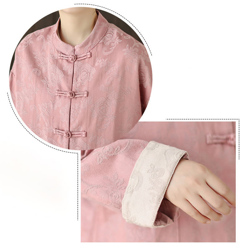 Camisa de algodón para mujer, manga larga, cuello alto, botones de rana y estampado floral otoñal con Buddha Stones - image 13