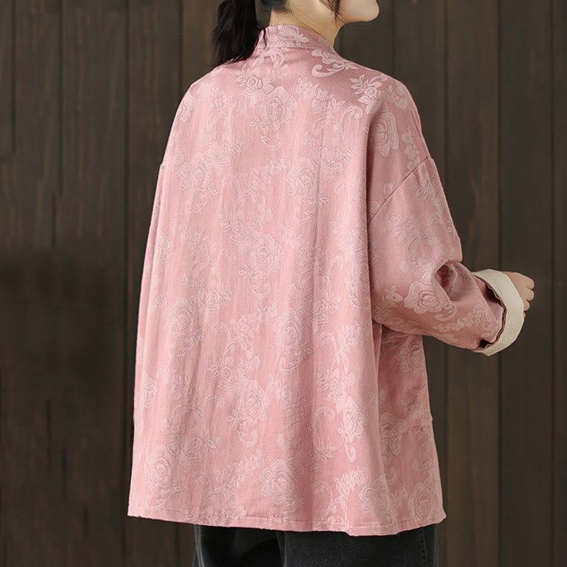 Camisa de algodón para mujer, manga larga, cuello alto, botones de rana y estampado floral otoñal con Buddha Stones - image 4