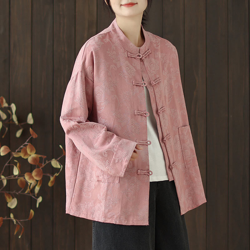 Camisa de algodón para mujer, manga larga, cuello alto, botones de rana y estampado floral otoñal con Buddha Stones - image 2