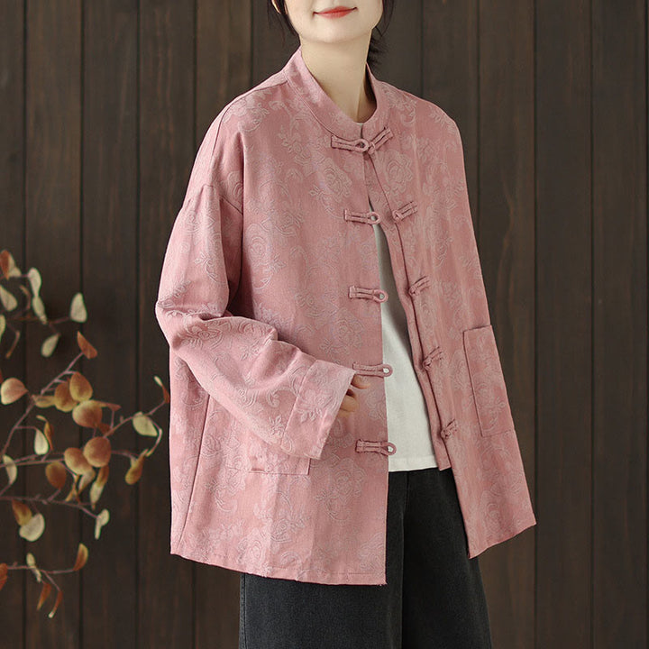 Camisa de algodón para mujer, manga larga, cuello alto, botones de rana y estampado floral otoñal con Buddha Stones - image 2
