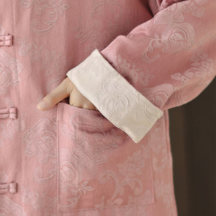 Camisa de algodón para mujer, manga larga, cuello alto, botones de rana y estampado floral otoñal con Buddha Stones - image 11