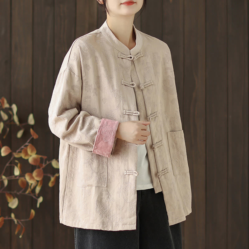 Camisa de algodón para mujer, manga larga, cuello alto, botones de rana y estampado floral otoñal con Buddha Stones - image 15