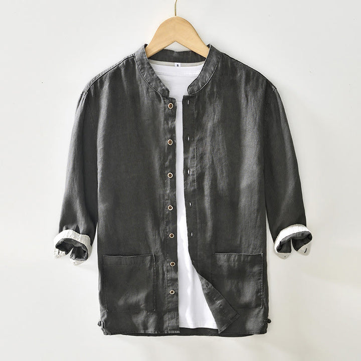 Camisa de lino para hombre con cuello alto, manga tres cuartos y bolsillos, color liso, con botones y estampado de Buddha Stones Fall - Gris oscuro - US/UK/AU42, EU52 (3XL) - image 0