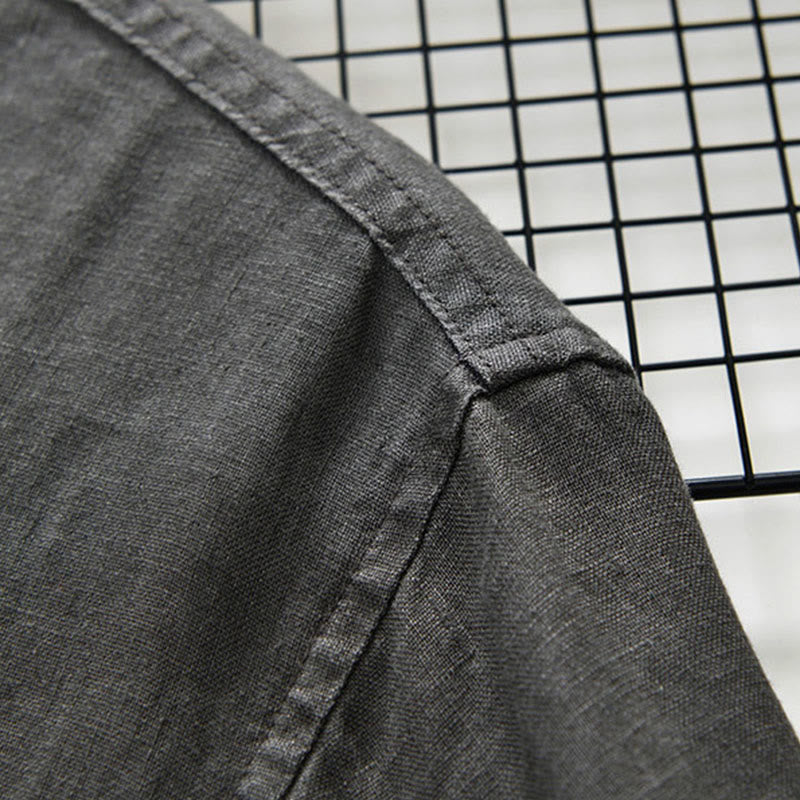 Camisa de lino para hombre con cuello alto, manga tres cuartos y bolsillos, color liso, con botones y estampado de Buddha Stones Fall - image 5