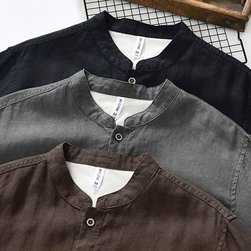 Camisa de lino para hombre con cuello alto, manga tres cuartos y bolsillos, color liso, con botones y estampado de Buddha Stones Fall - image 24