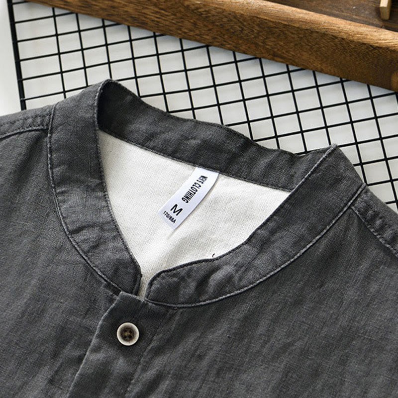 Camisa de lino para hombre con cuello alto, manga tres cuartos y bolsillos, color liso, con botones y estampado de Buddha Stones Fall - image 3