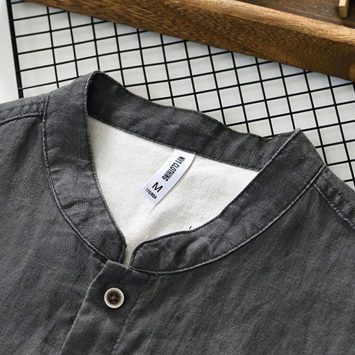 Camisa de lino para hombre con cuello alto, manga tres cuartos y bolsillos, color liso, con botones y estampado de Buddha Stones Fall - image 3